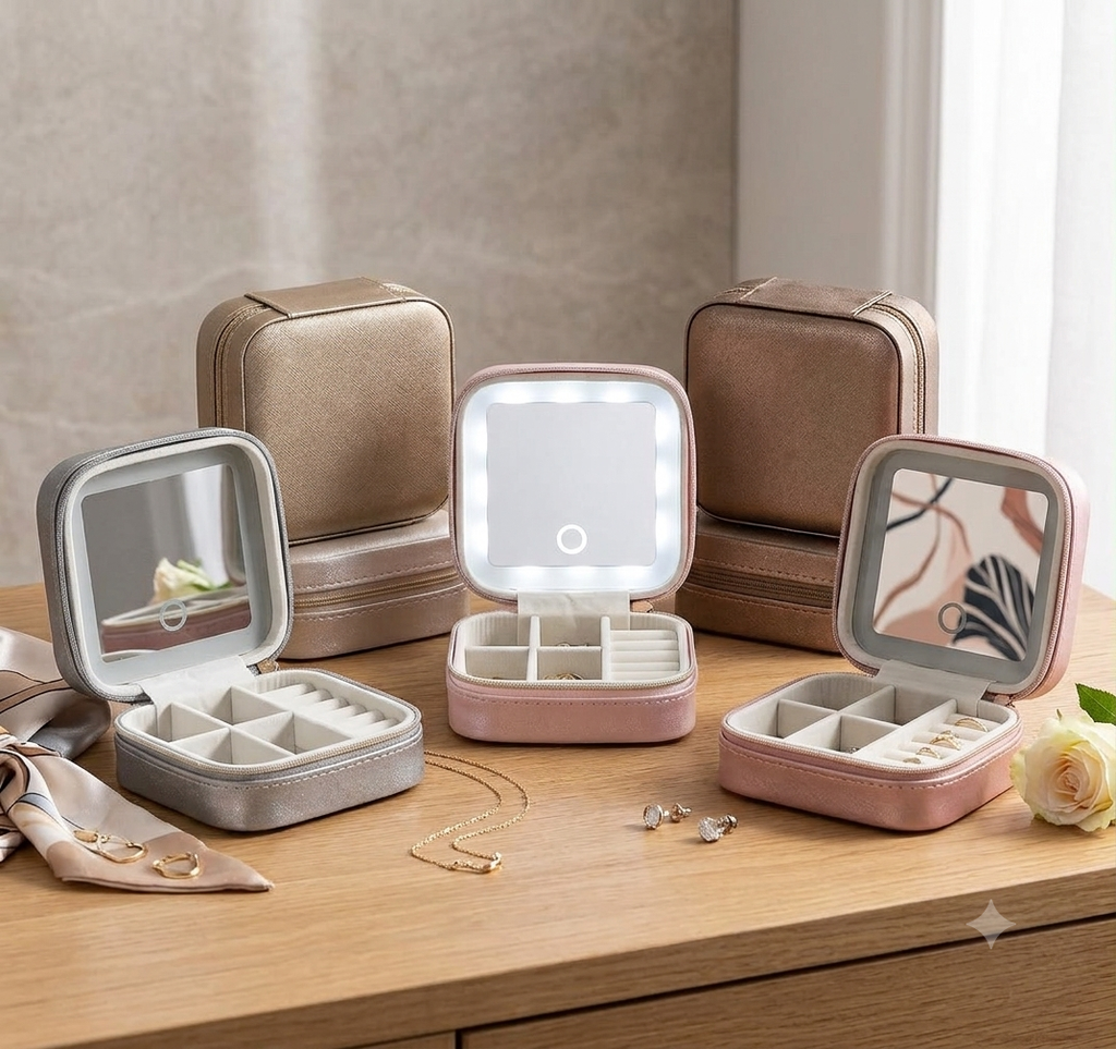 Boîte à bijoux de voyage avec miroir LED