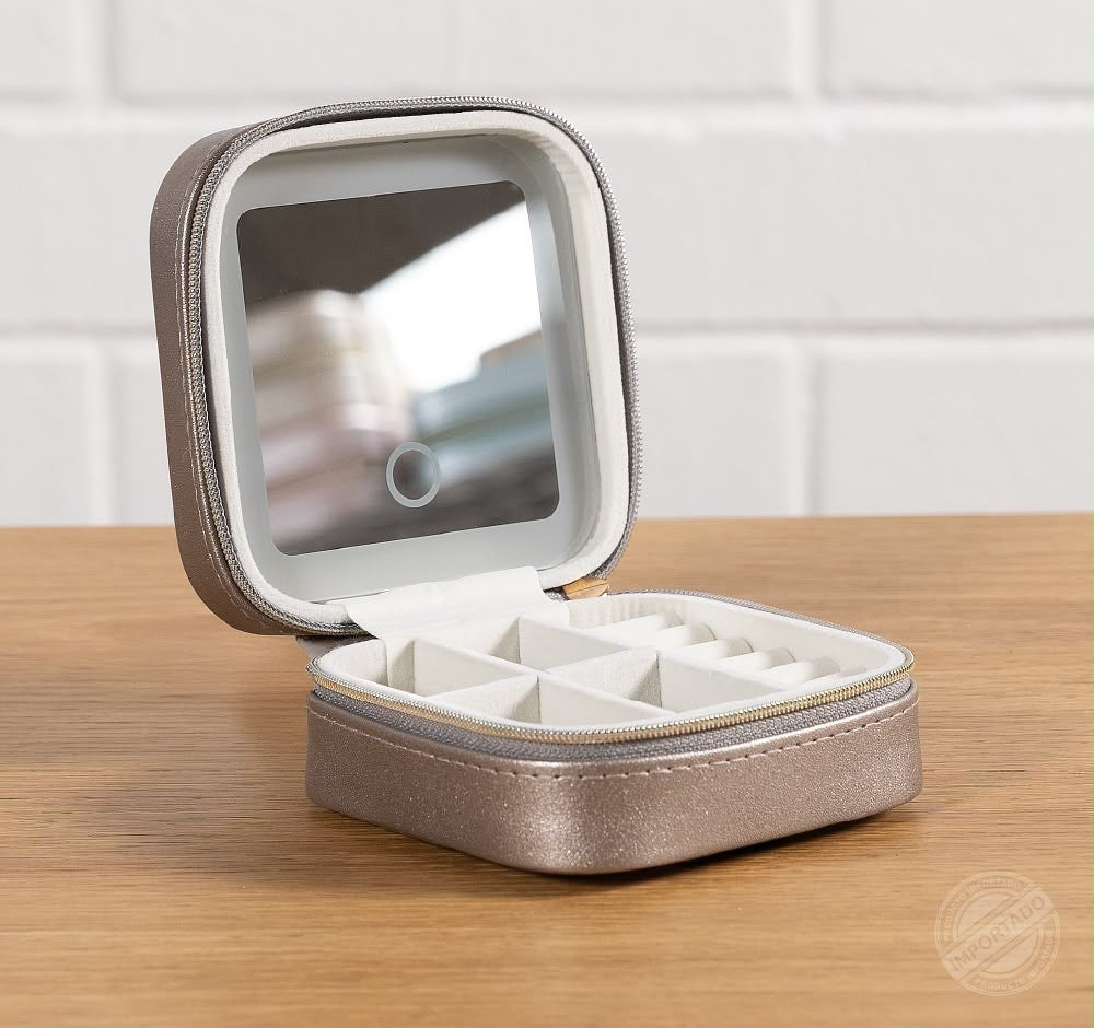 Boîte à bijoux de voyage avec miroir LED