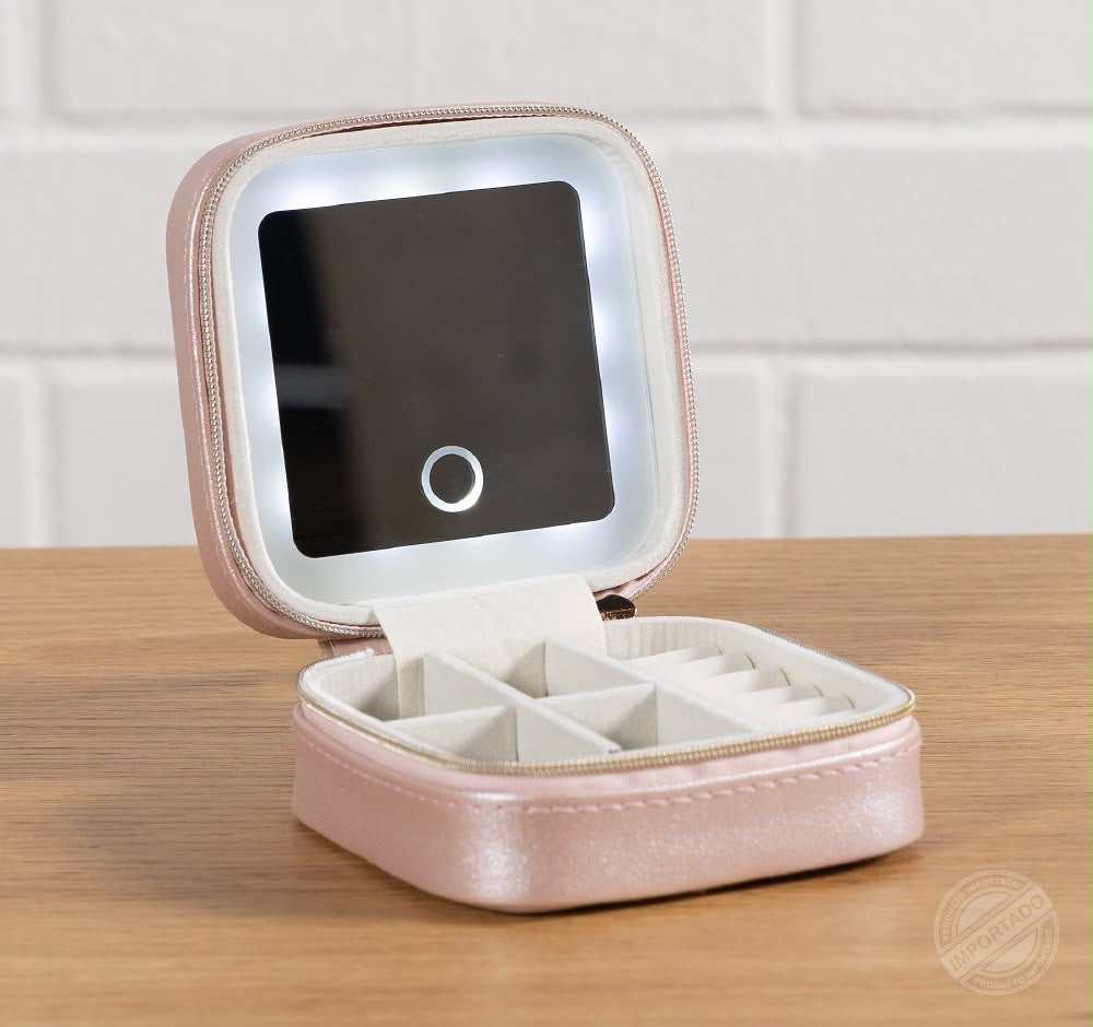 Boîte à bijoux de voyage avec miroir LED